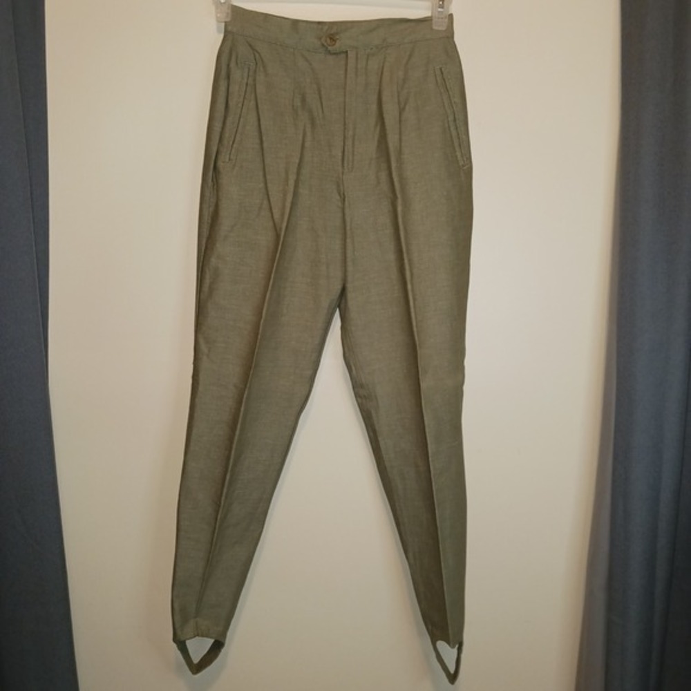 Vintage KIKOMO Olive Green Linen Blend Stirrup Pants Pleated‎ High Waist 7/8